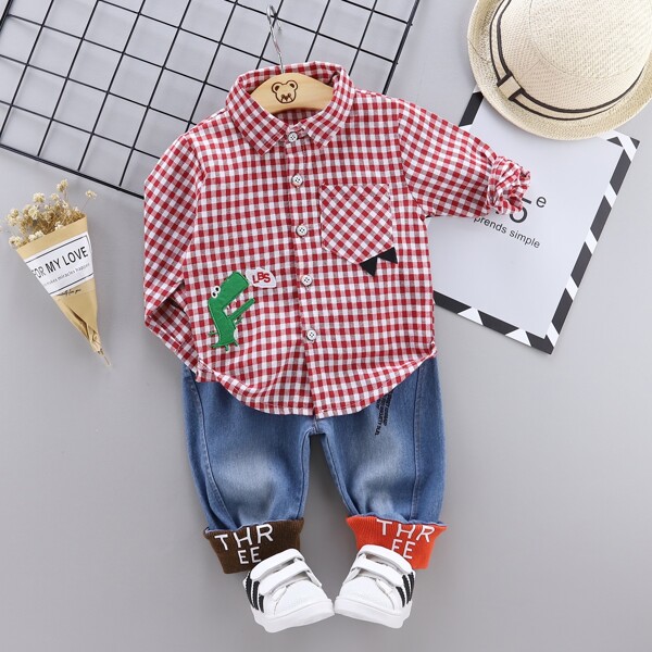 

Toddler Boys Gingham Cartoon Patched Shirt With Pants, Multicolor