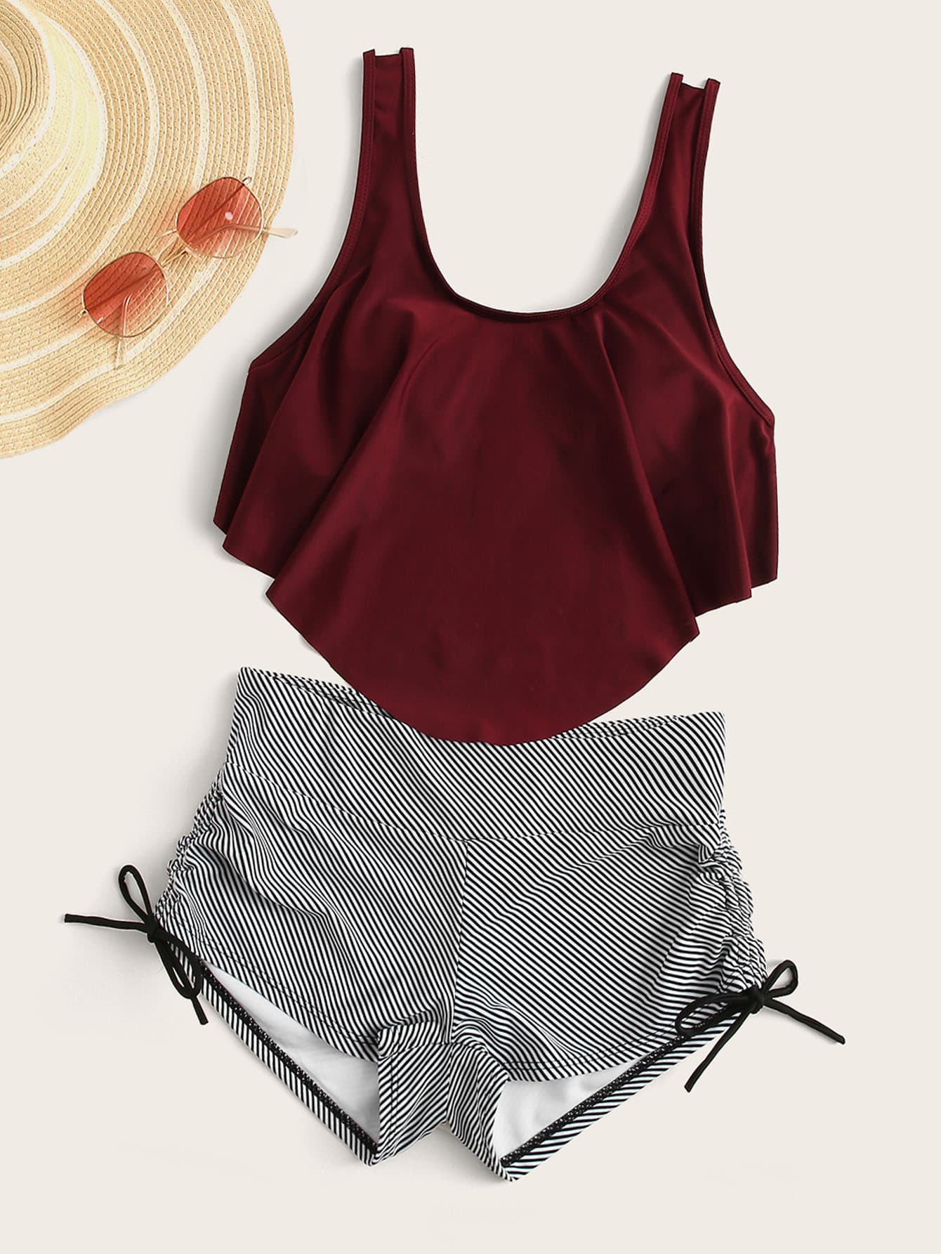 Striped hanky hem shorts bikini swimsuit Clearance