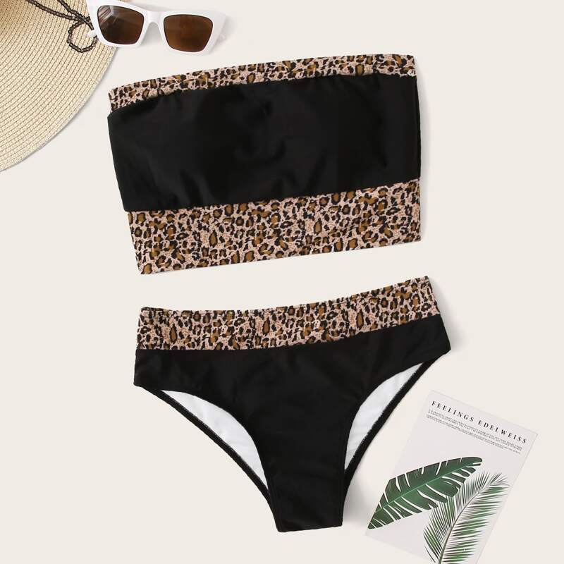 

Contrast Leopard Bandeau Bikini Swimsuit, Black