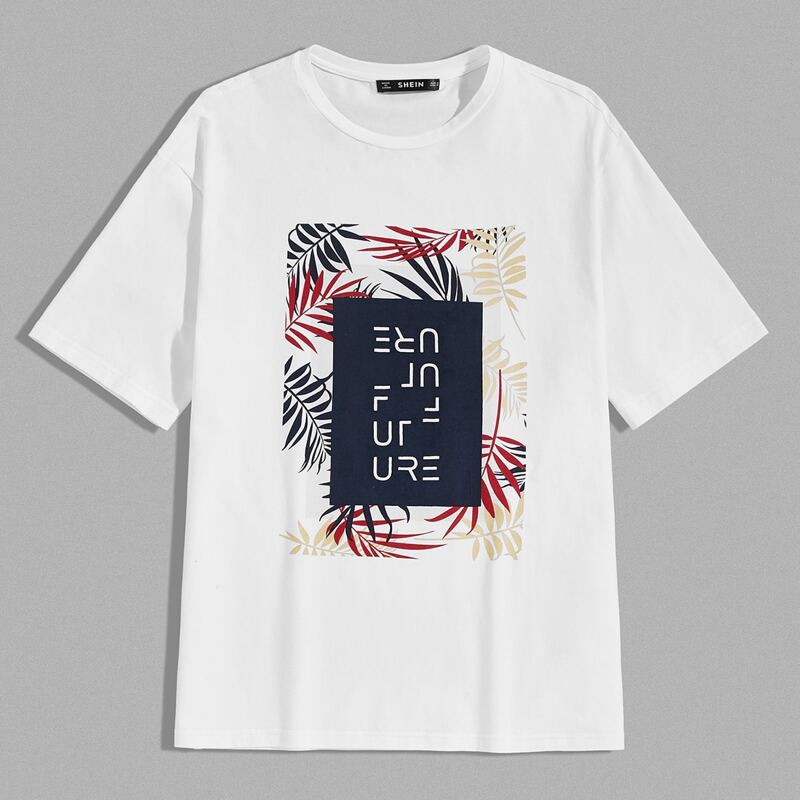 

Guys Drop Shoulder Letter Graphic Tropical Tee, White