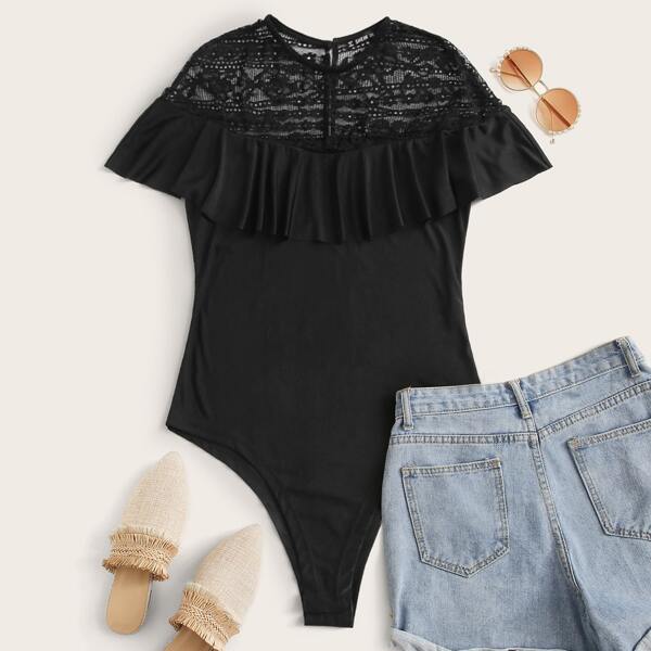 

Plus Lace Yoke Ruffle Trim Bodysuit, Black