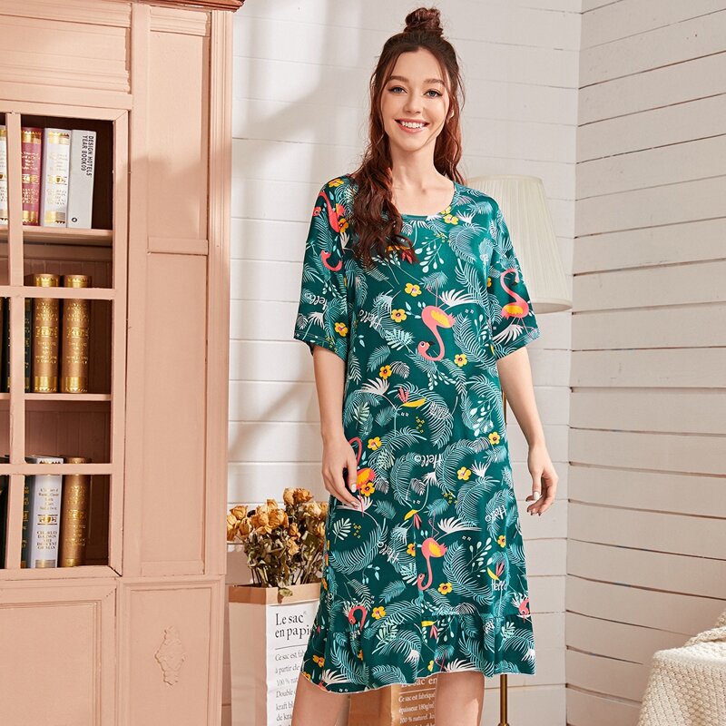 

Tropical & Flamingo Print Night Dress, Green
