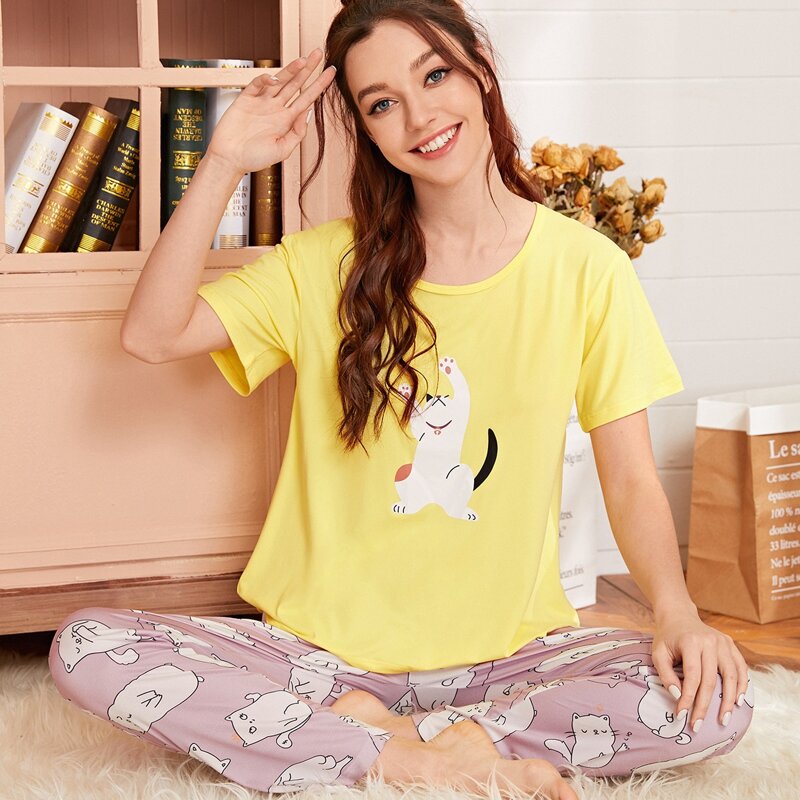 

Cartoon Cat Graphic PJ Set, Multicolor