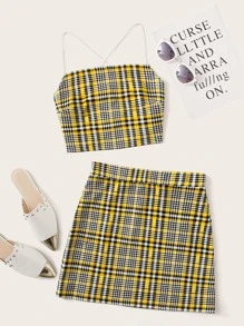 後綁帶格紋繞頸上衣和半身裙套裝 - 彩色 - 查看 1
