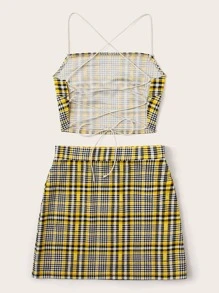 後綁帶格紋繞頸上衣和半身裙套裝 - 彩色 - 查看 2