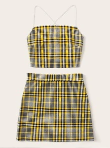 後綁帶格紋繞頸上衣和半身裙套裝 - 彩色 - 查看 3