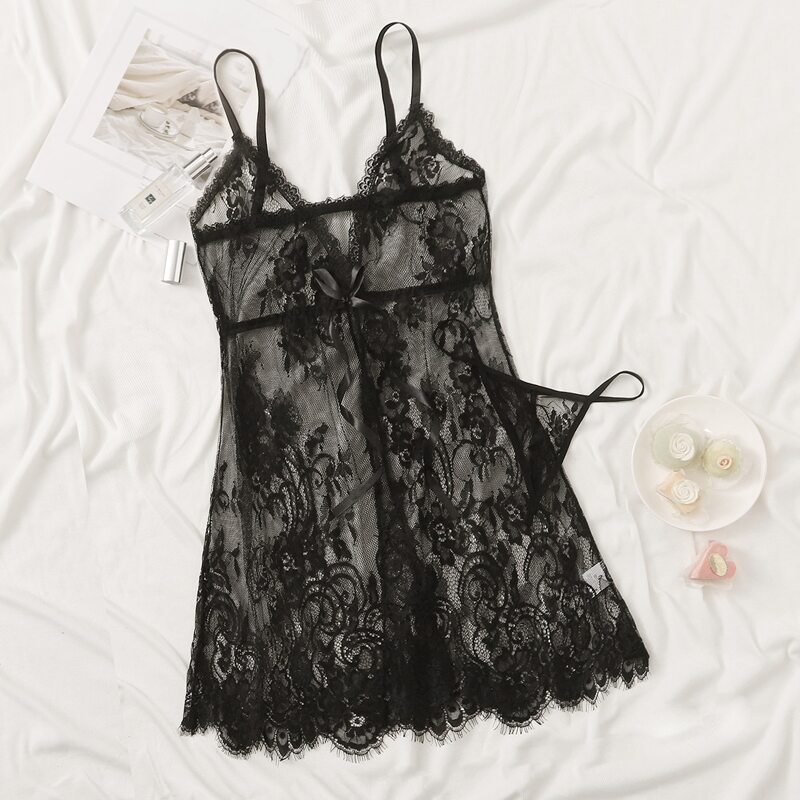 

Floral Lace Slips With Thong, Black