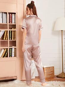Heart Embroidery Piping Trim Satin PJ Set - Pink - View 2