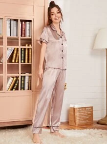 Heart Embroidery Piping Trim Satin PJ Set - Pink - View 3