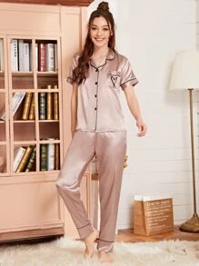 Heart Embroidery Piping Trim Satin PJ Set - Pink - View 4