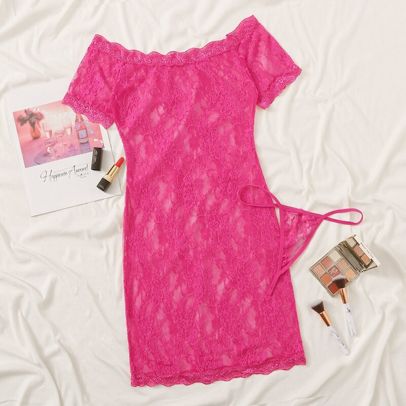 

Neon Pink Floral Lace Slips With Thong, Pink bright