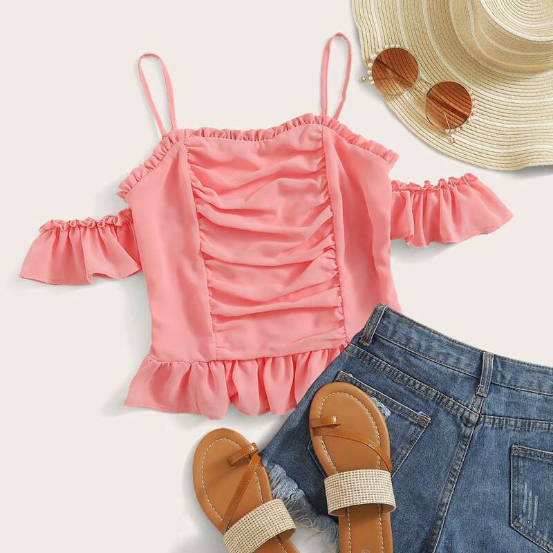 

Ruffle Hem Shirred Crop Pink Top