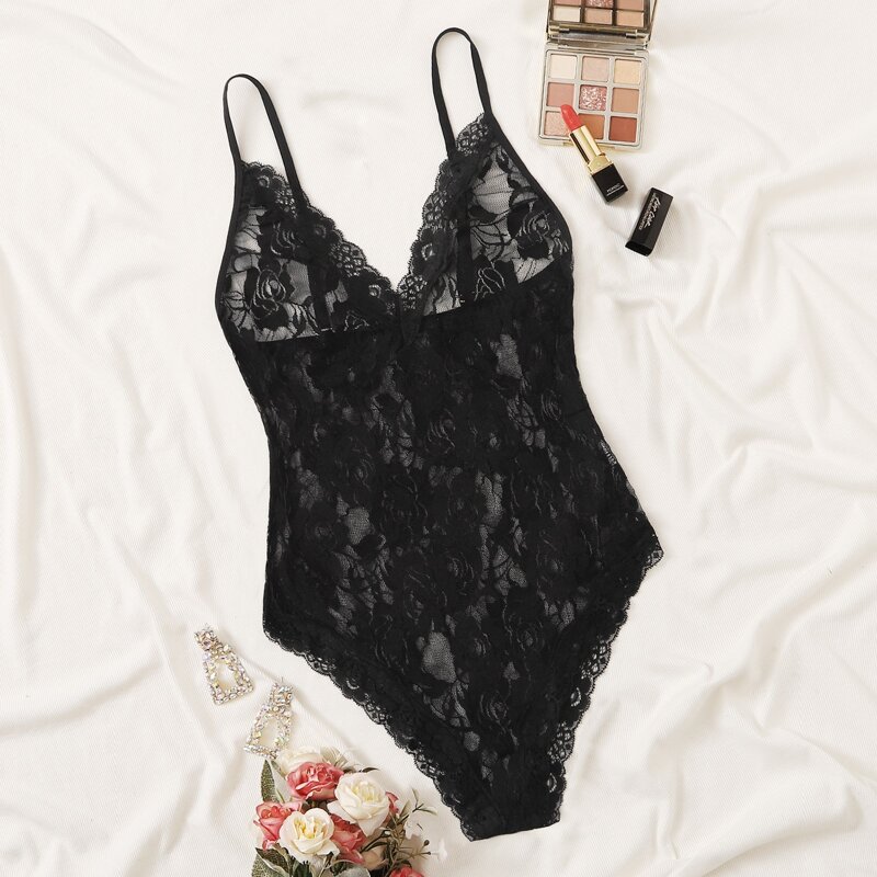 

Floral Lace Teddy Bodysuit, Black