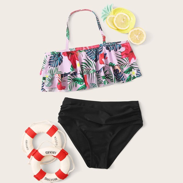 

Girls Tropical Tiered Layer Halter High Waisted Bikini, Multicolor