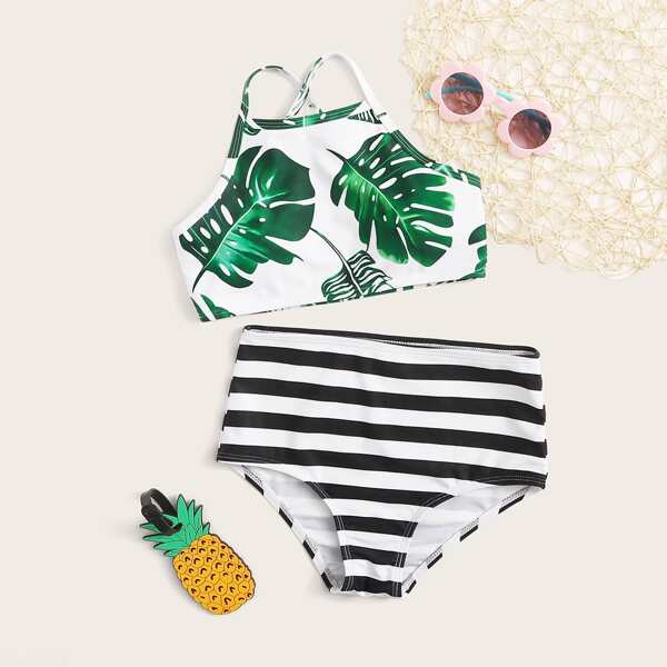 

Girls Tropical & Striped High Waisted Bikini, Multicolor