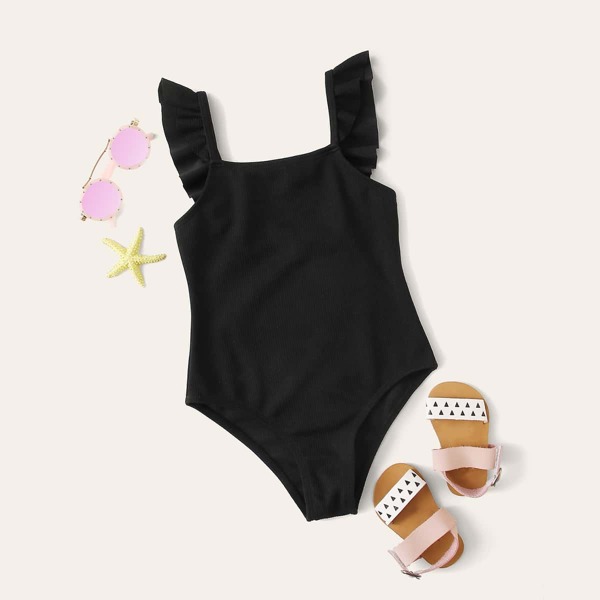 

Girls Rib Ruffle One Piece Swimwear, Black