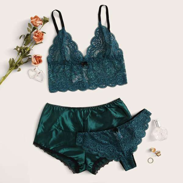 

Floral Lace Lingerie Set With Satin Shorts, Green
