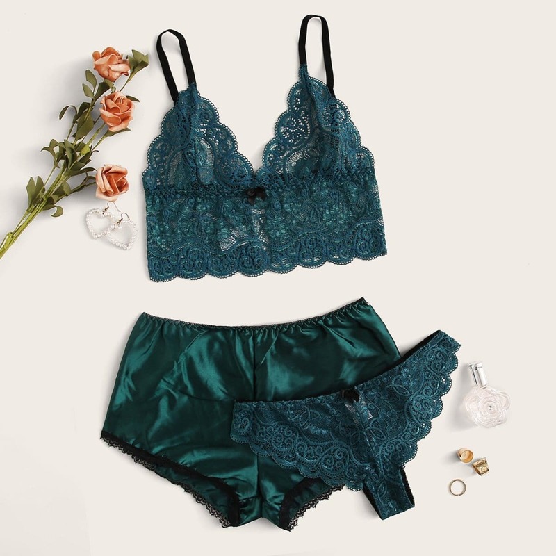

Floral Lace Lingerie Set With Satin Shorts, Green