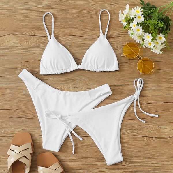 

3pack Triangle Tie Side Co-ord Bikini Swimsuit, White