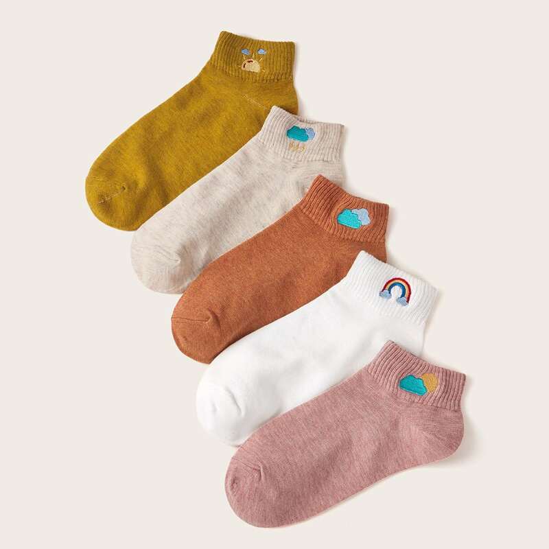 

5pairs Cloud & Rainbow Embroidery Ankle Socks, Multicolor