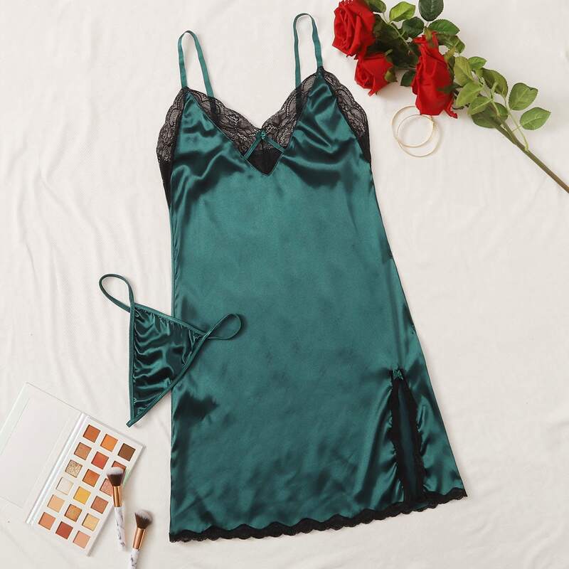 

Lace Trim Satin Slips With Thong, Green