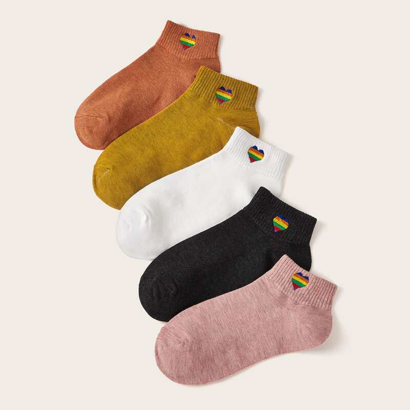 

5pairs Heart Embroidery Ankle Socks, Multicolor