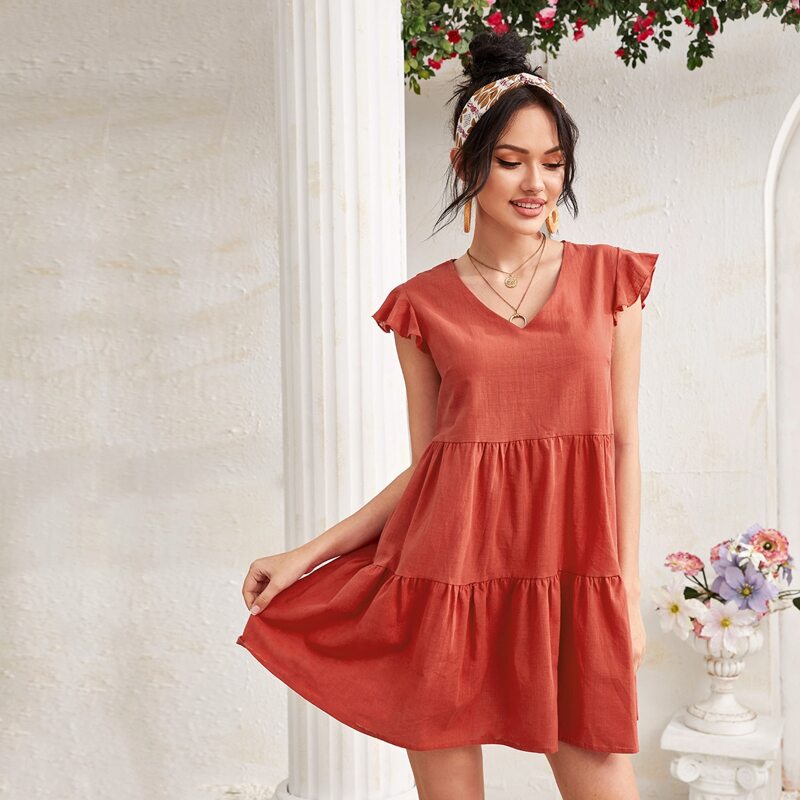 

Solid Ruffle Trim Babydoll Dress, Red