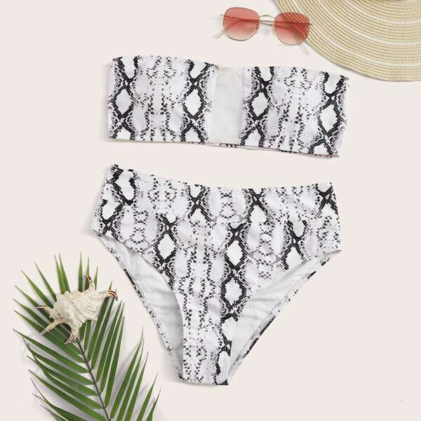 

Snakeskin Contrast Mesh Bandeau High Waisted Bikini Swimsuit, Grey