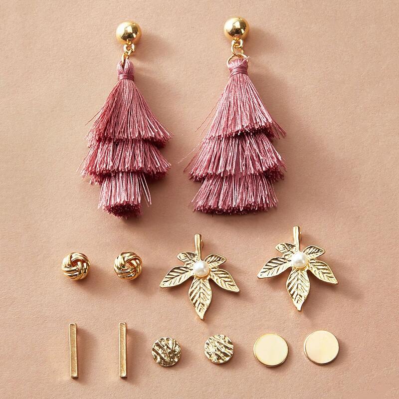 

6pairs Leaf & Tassel Decor Earrings, Multicolor