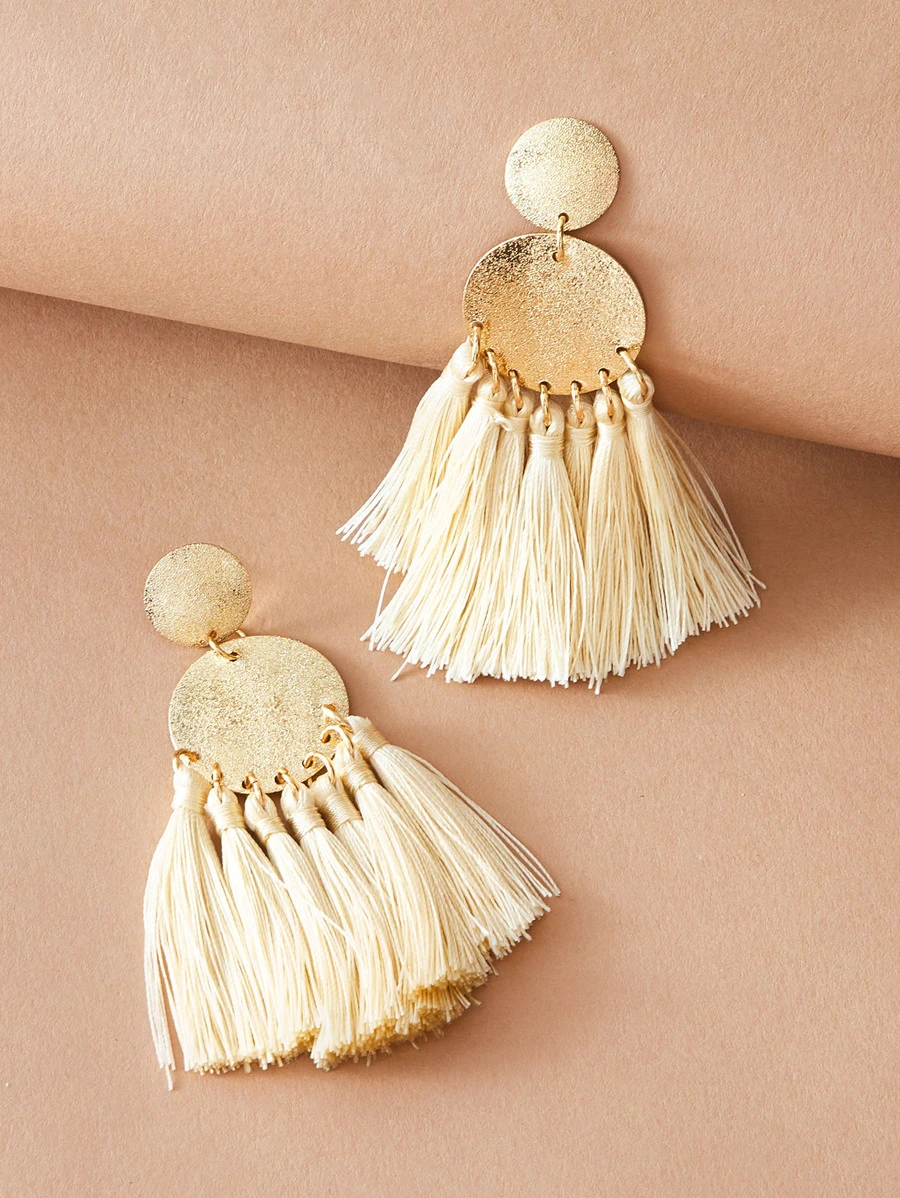 1pair Metallic Round Decor Tassel Fringe Drop Earrings - Multicolor - View 1
