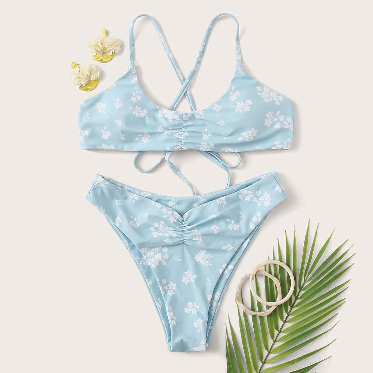 

Floral Ruched High Cut Bikini Swimsuit, Blue