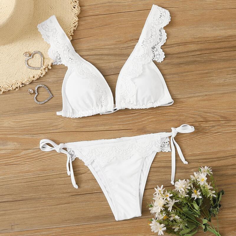 

Lace Crochet Tie Side Triangle Bikini Swimsuit, White