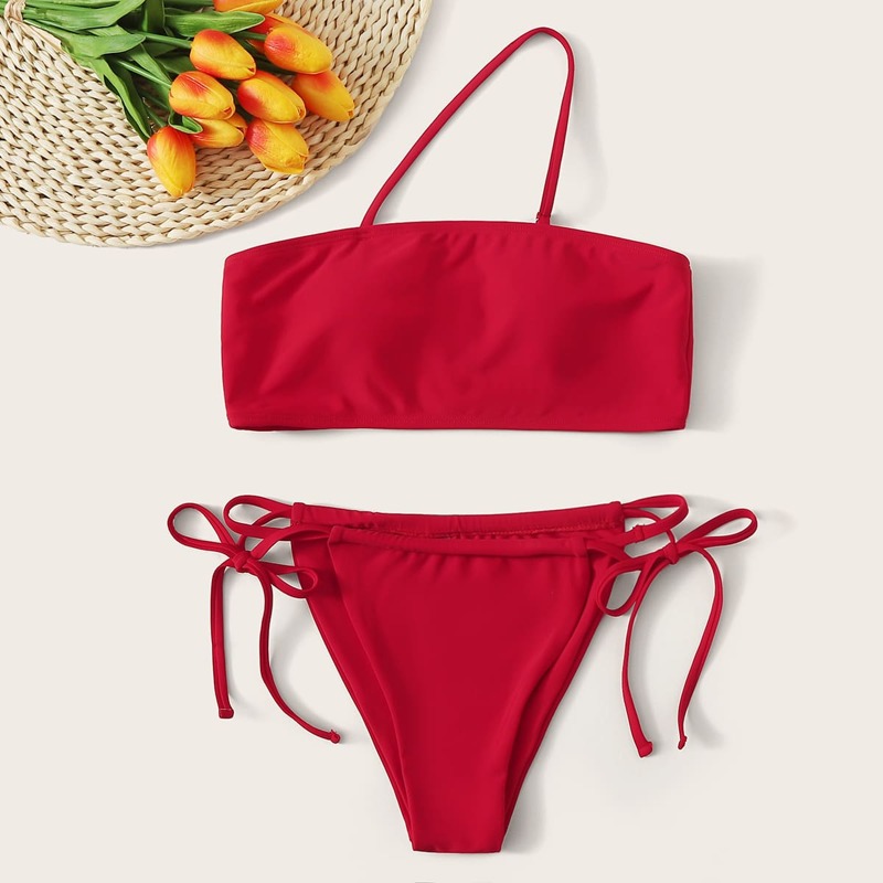 

Halter Bandeau Tie Side Bikini Swimsuit, Red