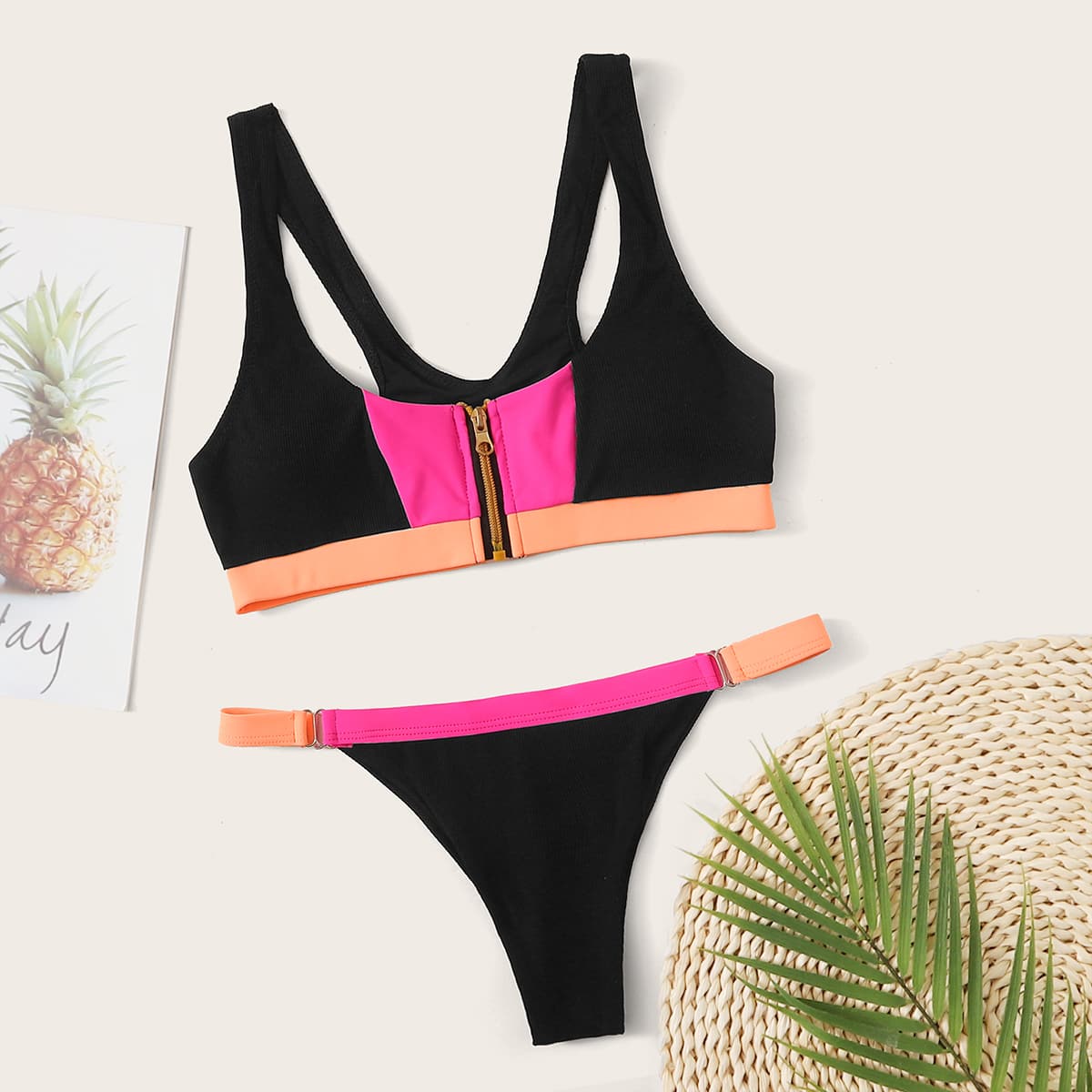 

Colorblock Zipper Up Tanga Bikini Swimsuit, Multicolor
