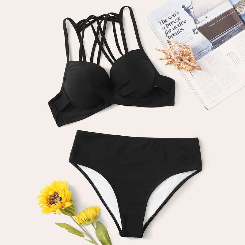 

Twist Strappy Front Underwire High Waisted Bikini Swimsuit, Black