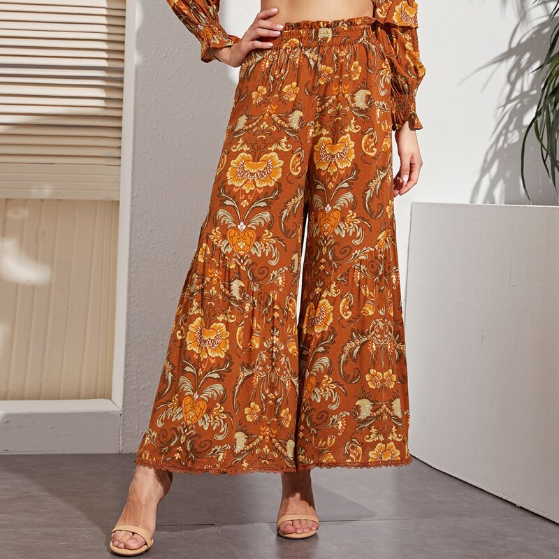 

Aztec Print Paperbag Waist Culotte Pants, Brown