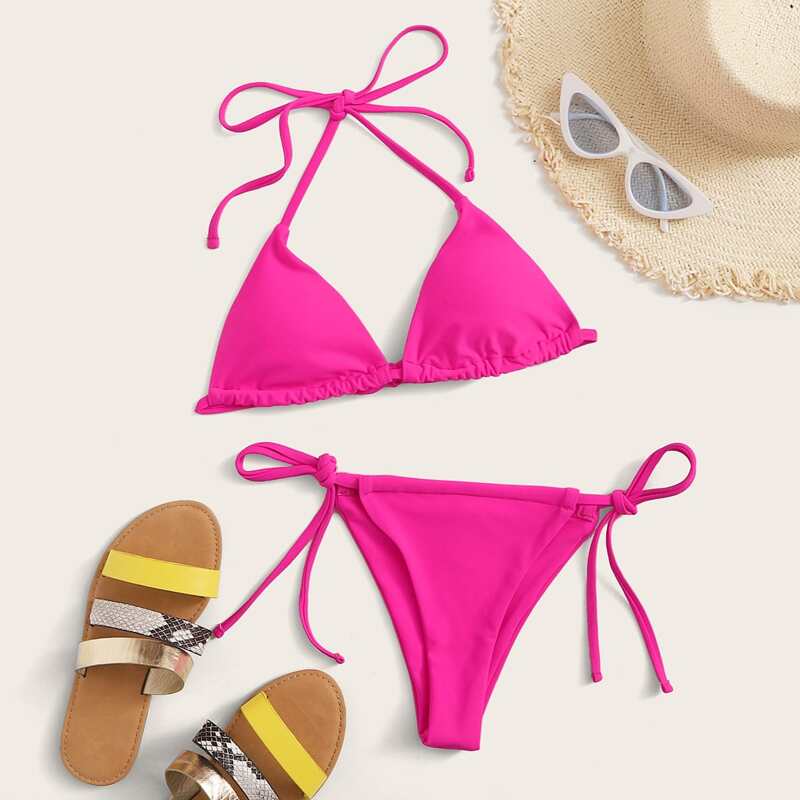 

Neon Pink Triangle Tie Side Bikini Swimsuit, Pink bright