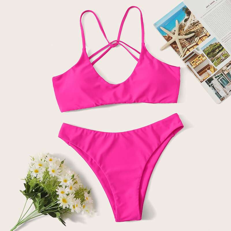

Neon Pink High Leg Bikini Swimsuit, Pink bright