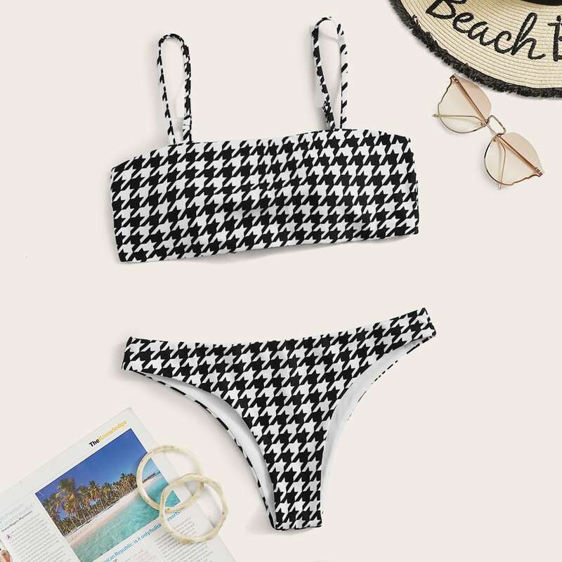 

Houndstooth Hipster Bikini Swimsuit, Black and white