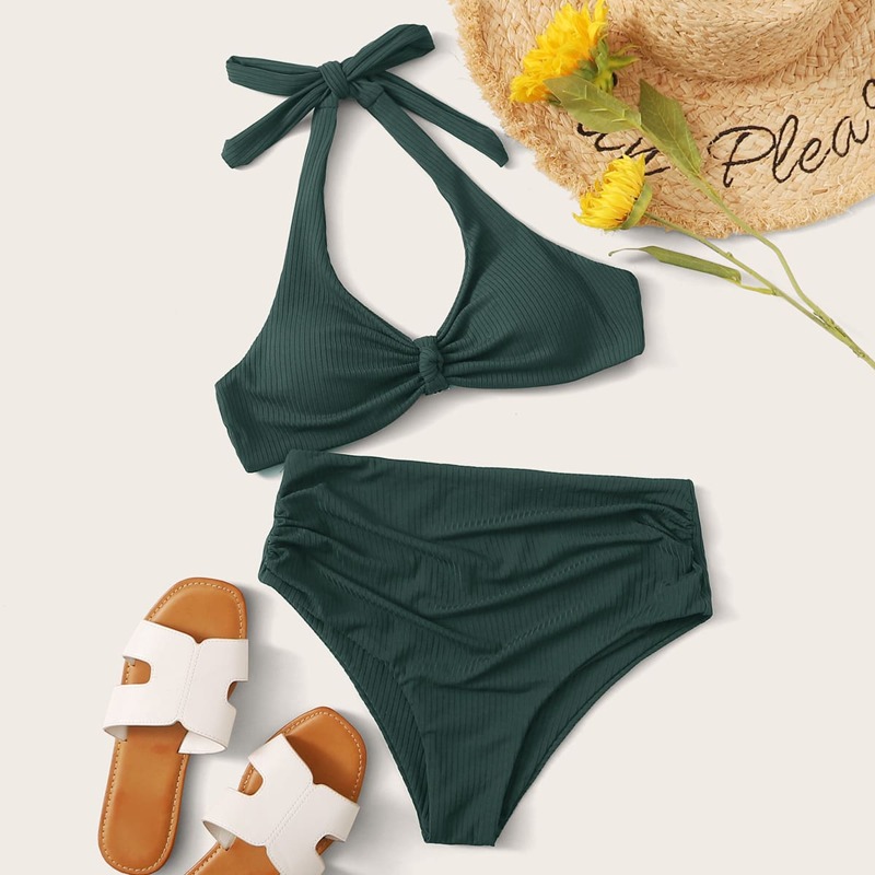 

Rib-knit Halter High Waist Bikini Swimsuit, Green