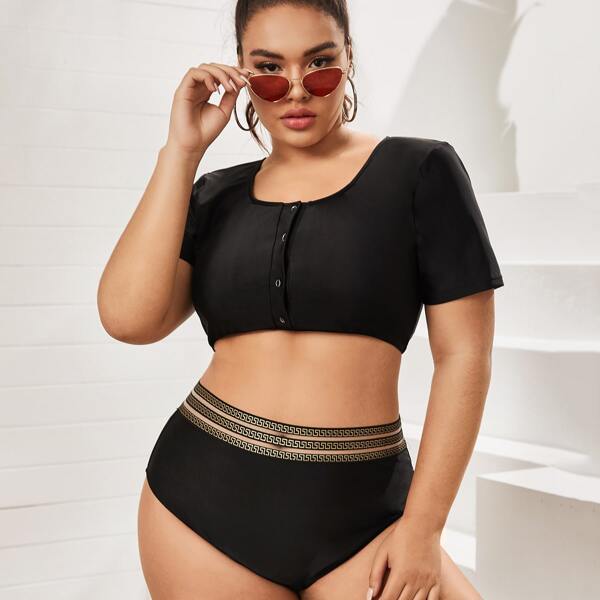 

Plus Button Front Short Sleeve High Waisted Bikini Swimsuit, Black