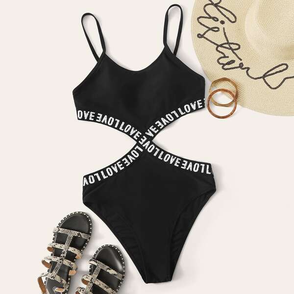

Letter Graphic Cut-out One Piece Swimsuit, Black