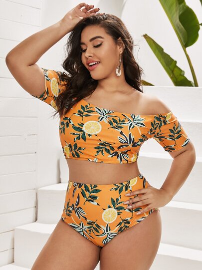 Plus Lemon & Plant Print High Waisted Bikini Swimsuit