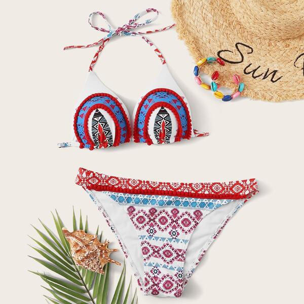 

Tribal Pompom Decor Triangle Bikini Swimsuit, Multicolor