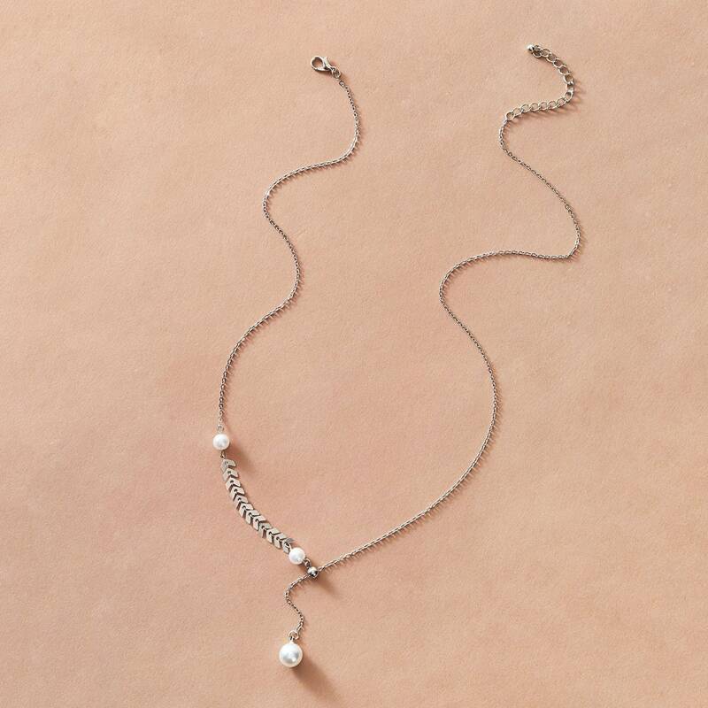 

1pc Faux Pearl Charm Y Lariat Necklace, Silver