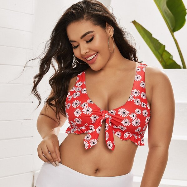 

Plus Daisy Floral Tie Front Bikini Top, Red