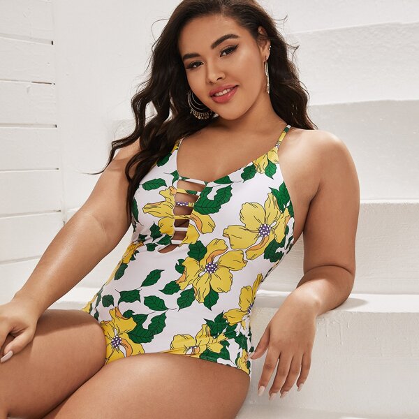 

Plus Floral Cut-out One Piece Swimsuit, Multicolor