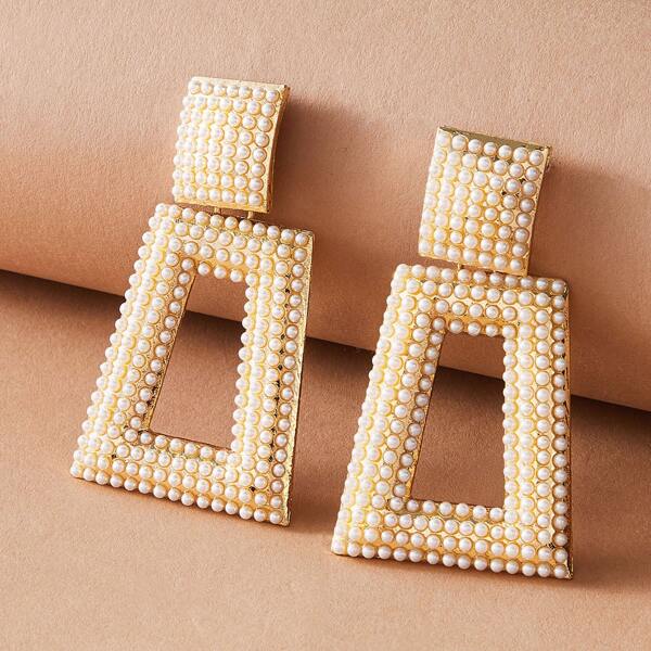 

1pair Faux Pearl Engraved Geometric Earrings, Gold