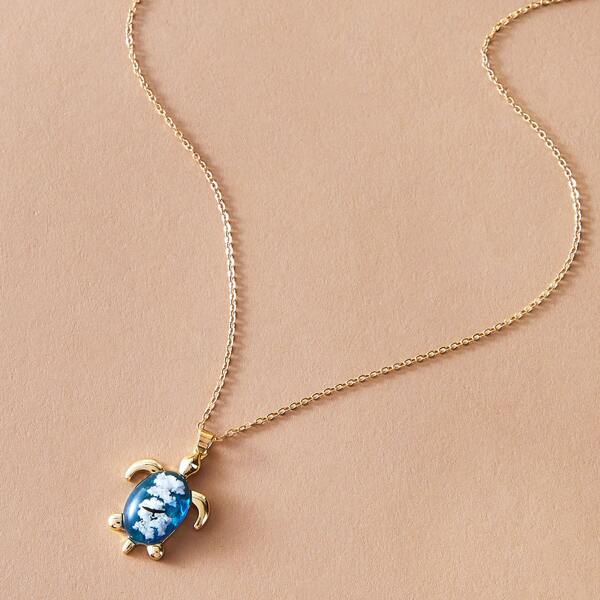 

1pc Blue Sky White Cloud Pattern Tortoise Charm Necklace, Multicolor
