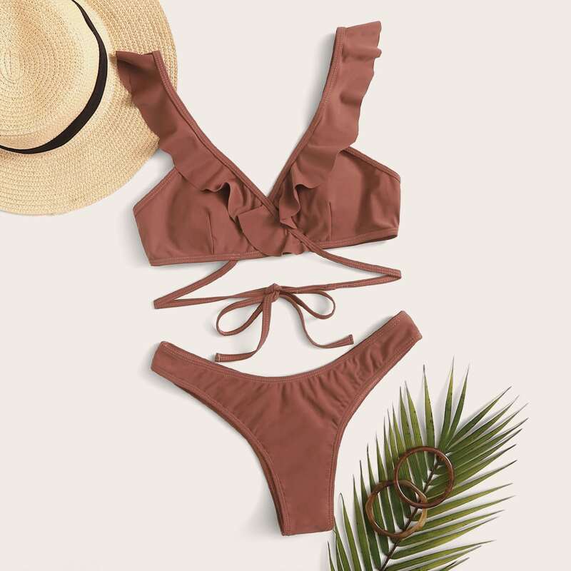 

Wrap Ruffle Cheeky Bikini Swimsuit, Brown